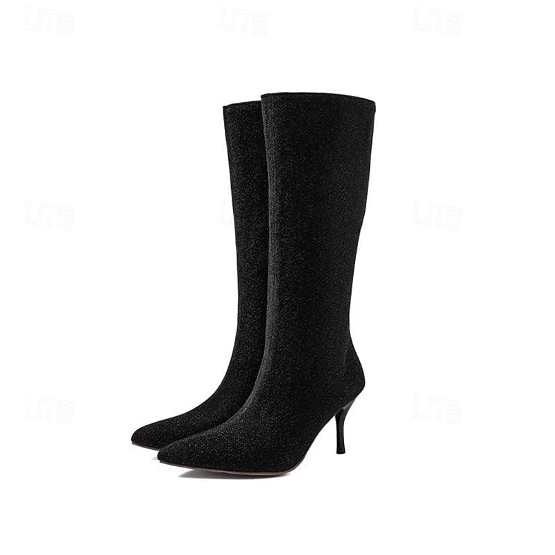 Women's Sparkly Knee-High Stiletto Boots – Elegant Pointed Toe Heeled Dress Boots for Evening Parties, Weddings, and Holiday Events2