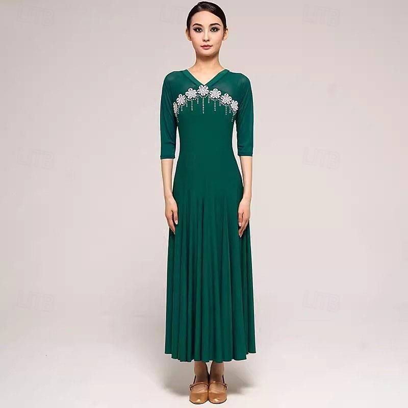 Ballroom Dance Dress Rhinestone Pure Color Splicing Women's Performance Party 3/4 Length Sleeve Crystal Cotton3
