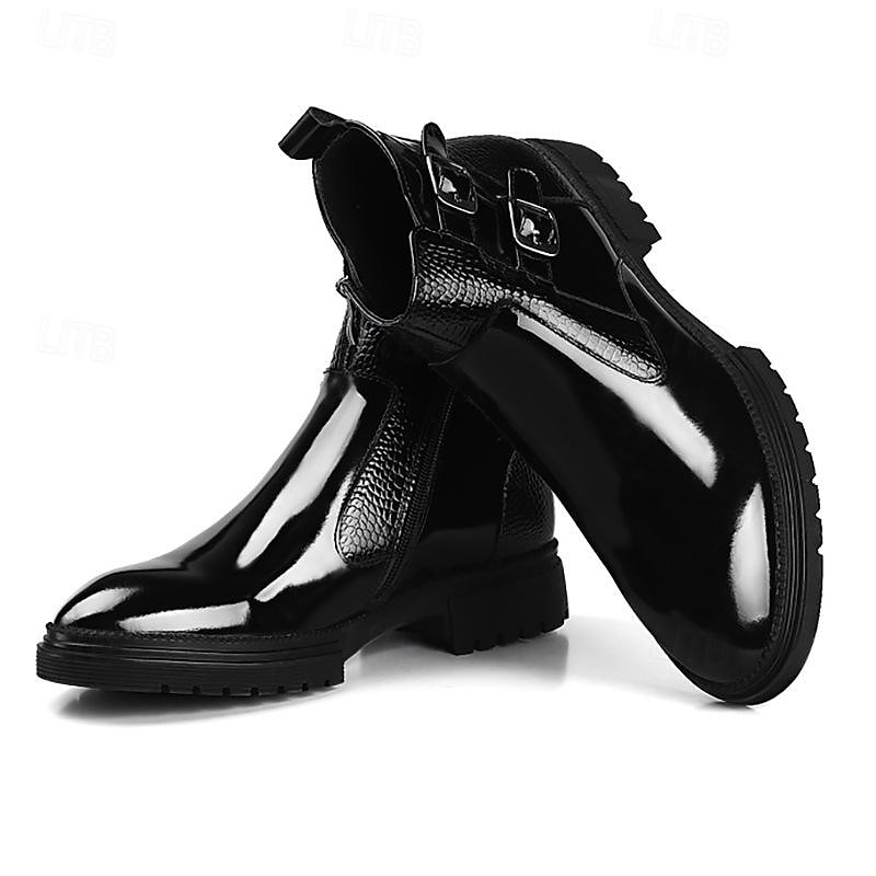 Men's Black Patent Leather Chelsea Boots – Crocodile Pattern with Double Buckle Straps and Rugged Sole, Perfect for Formal and Casual Wear3