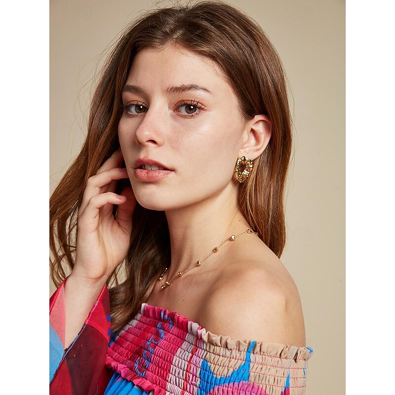 Gold Textured Stainless Steel Earrings - Unique Sculptural Hollow Design for Women4