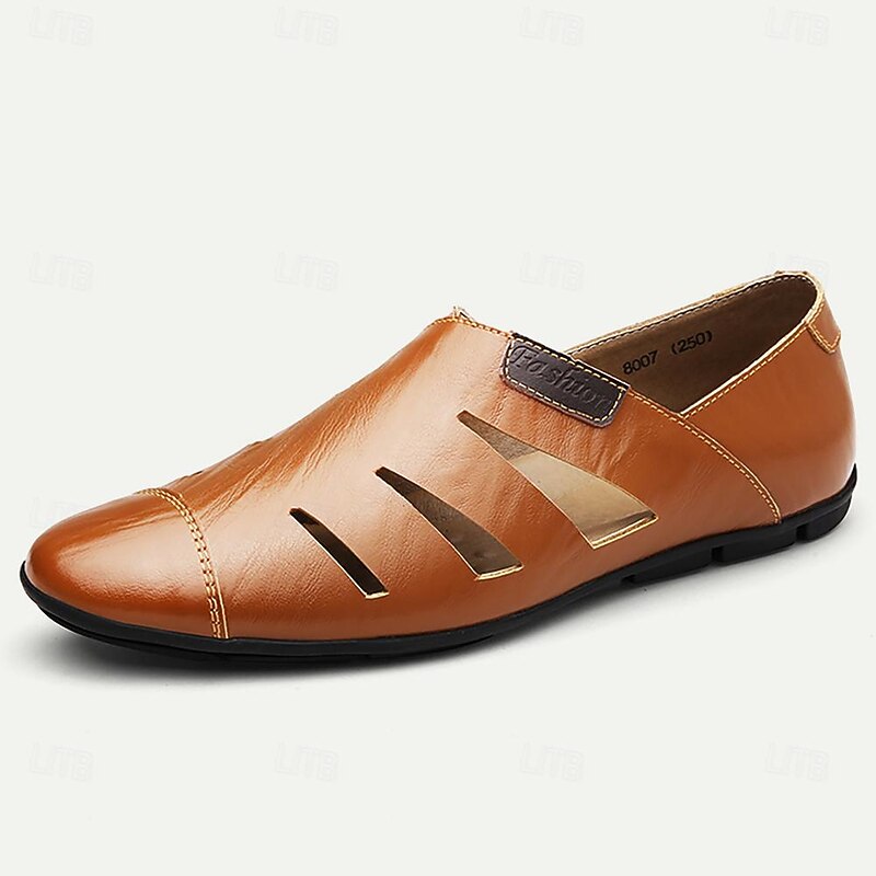 Men's Brown Leather Cutout Loafers - Breathable Slip-On Casual Shoes for Summer3