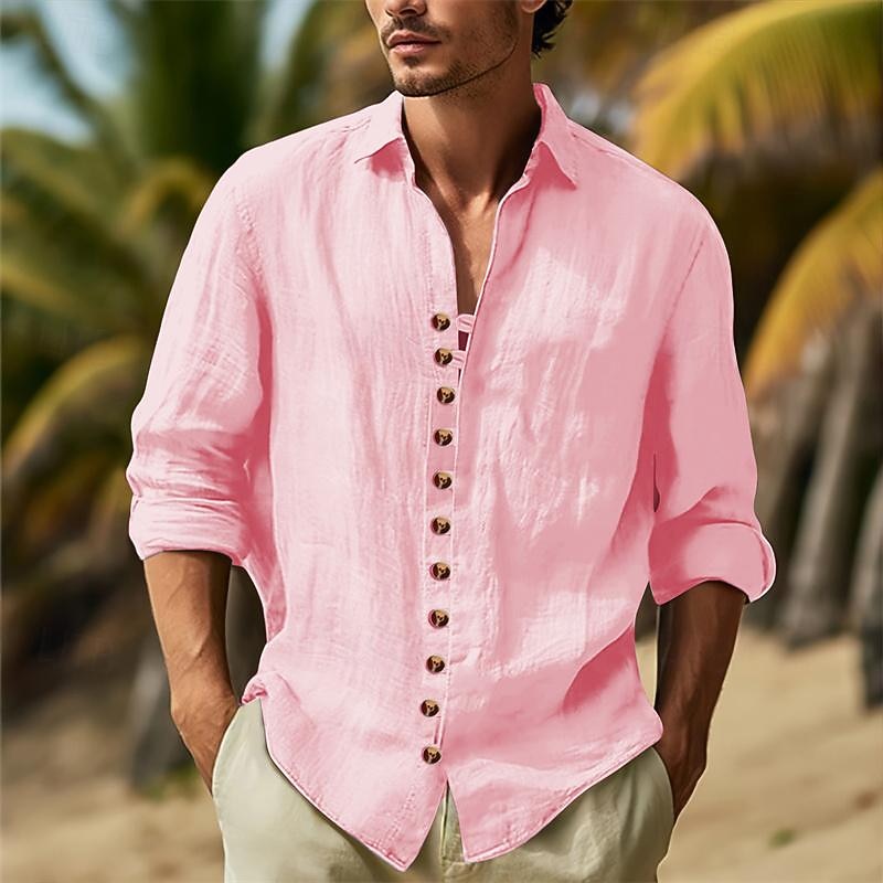 Men's Shirt Casual Shirt Button Up Shirt Cotton Shirt Plain Vacation Hawaiian Black White Pink Sky Blue Long Sleeve Turndown Spring & Fall Clothing Apparel Button-Down 5