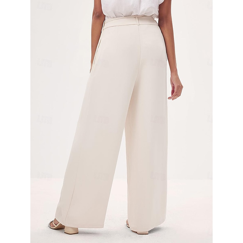 Women's Culottes Wide Leg Asymmetric Belted Full Length Beige Summer3