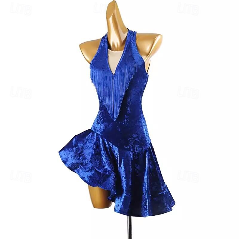 Latin Dance Dress Tassel Pure Color Splicing Women's Performance Training Sleeveless Velvet3
