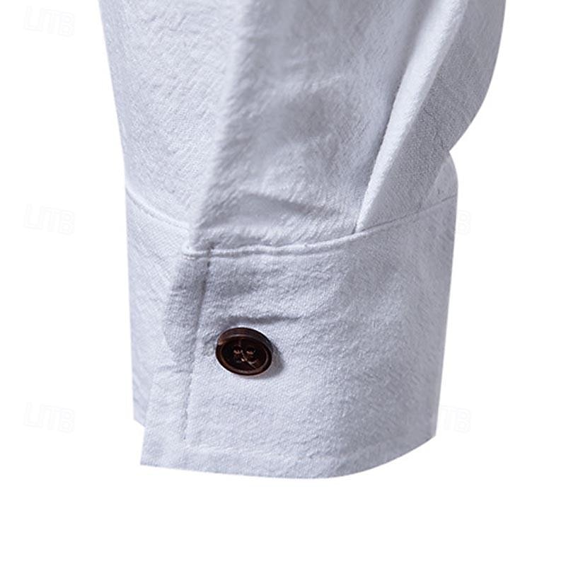 Men's Shirt Chinese Collar Shirt Mandarin Collar Shirt Casual Shirt Button Up Shirt Cotton Shirt Plain Vacation Hawaiian Black White Pink Navy Blue Long Sleeve Grandad Collar Spring &  Fall Clothing4