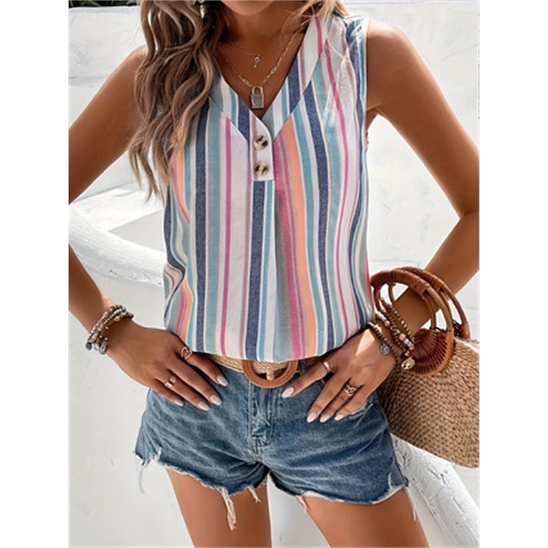 Women's Camisole Tank Top Casual Striped Buttons Print Sleeveless Regular Tops V Neck Daily Pink Summer