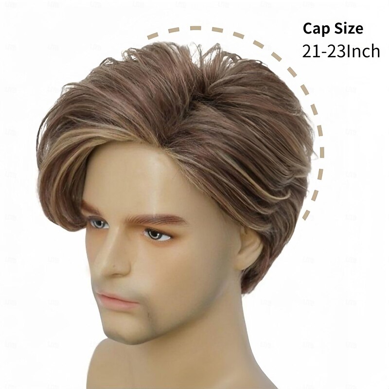 Men Wig Short Blonde Brown Layered Natural Synthetic Hair Full Wigs for Male Guy Daily Party Wear (Brown Blonde)4