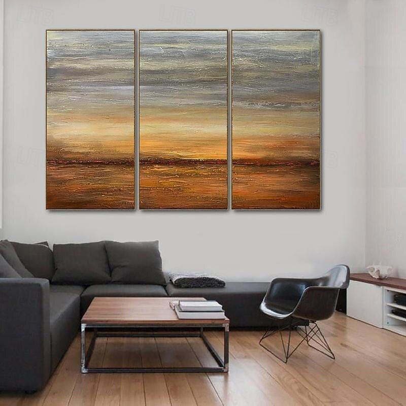 Hand painted Landscape Paintings On Canvas handmade Orange sea beach Painting  Oil painting  Artwork Handmade Triptych Paintings for Living Room bedroom office Wall Decoration