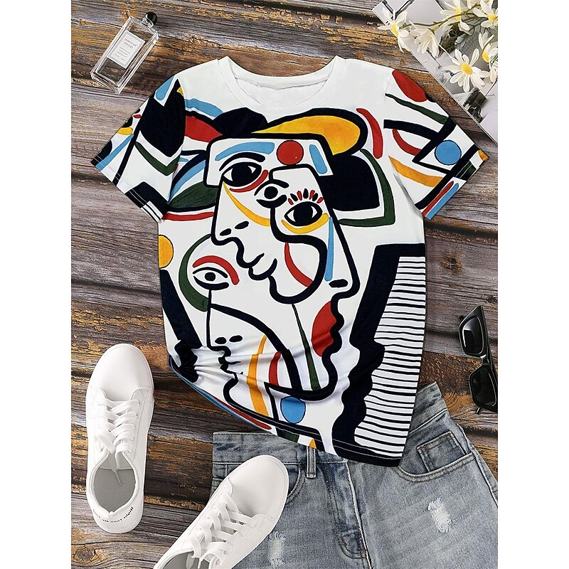 Women's T Shirt Stylish Casual Print Short Sleeve Regular Tops Crew Neck Daily White Pink Blue Summer