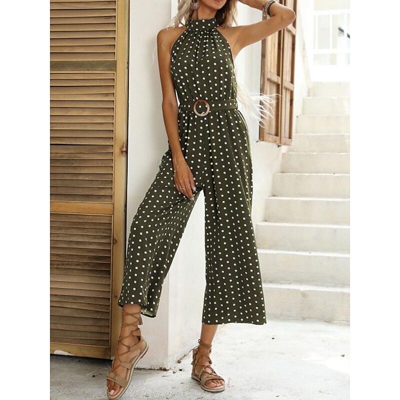 Women's Normal Jumpsuit Streetwear Polka Dot Sleeveless Halter Neck Pocket High Waist Street Daily Regular Fit Black Green Summer