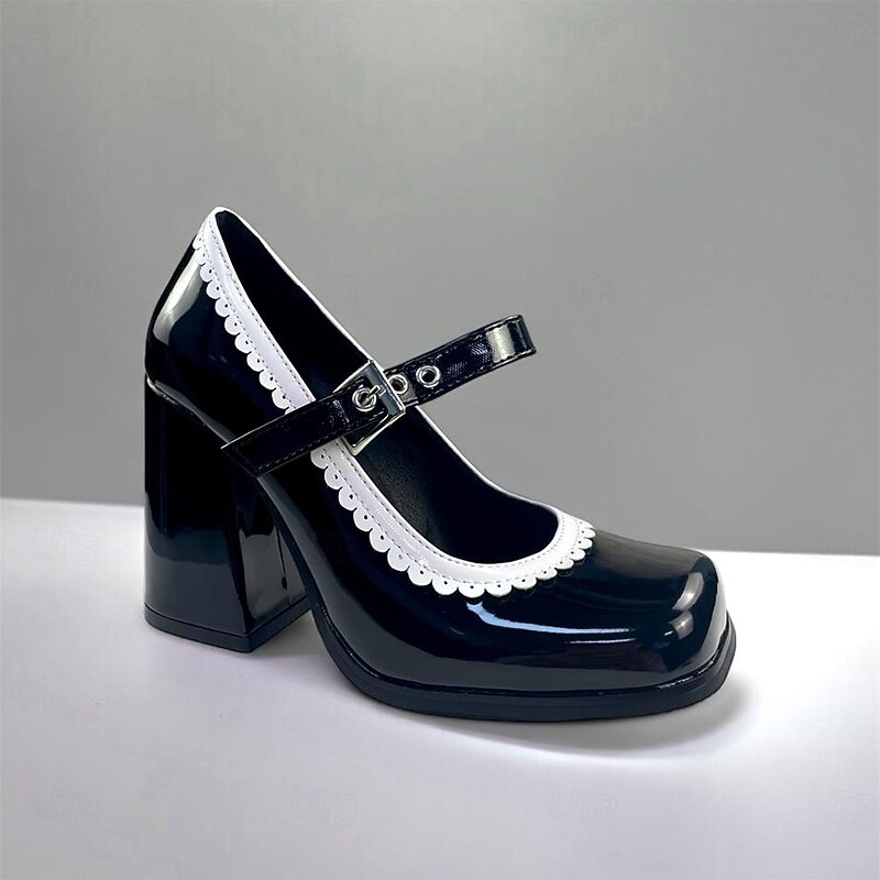 Women's Black and White Mary Jane Pumps - Retro Chunky Heel Platform Shoes for Party and Office Wear