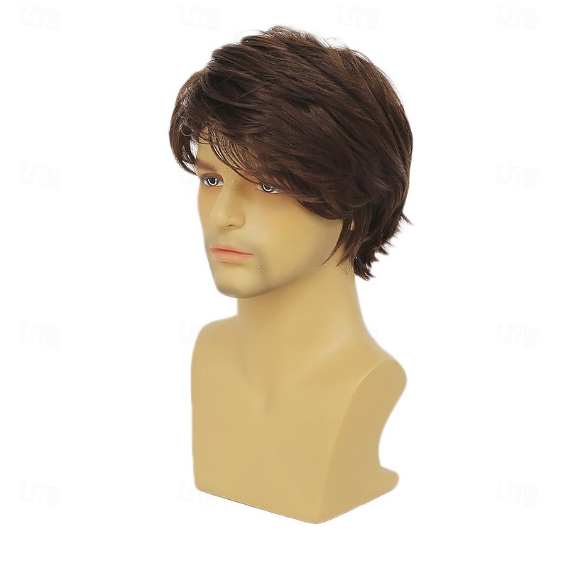 Synthetic Wig Straight Loose Wave Asymmetrical Wig Short Brown Synthetic Hair Men's Fashionable Design Soft Natural Brown3