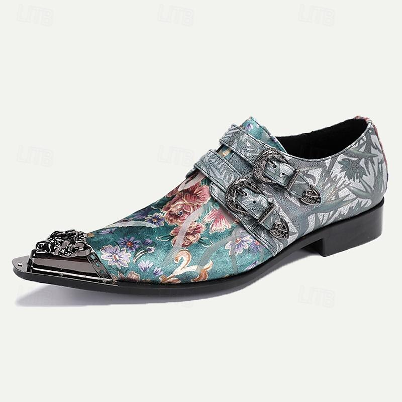 Men's Floral Embroidered Buckle Monk Strap Dress Shoes with Metal Toe Cap - Premium Cowhide Leather, Ideal for Formal Events4