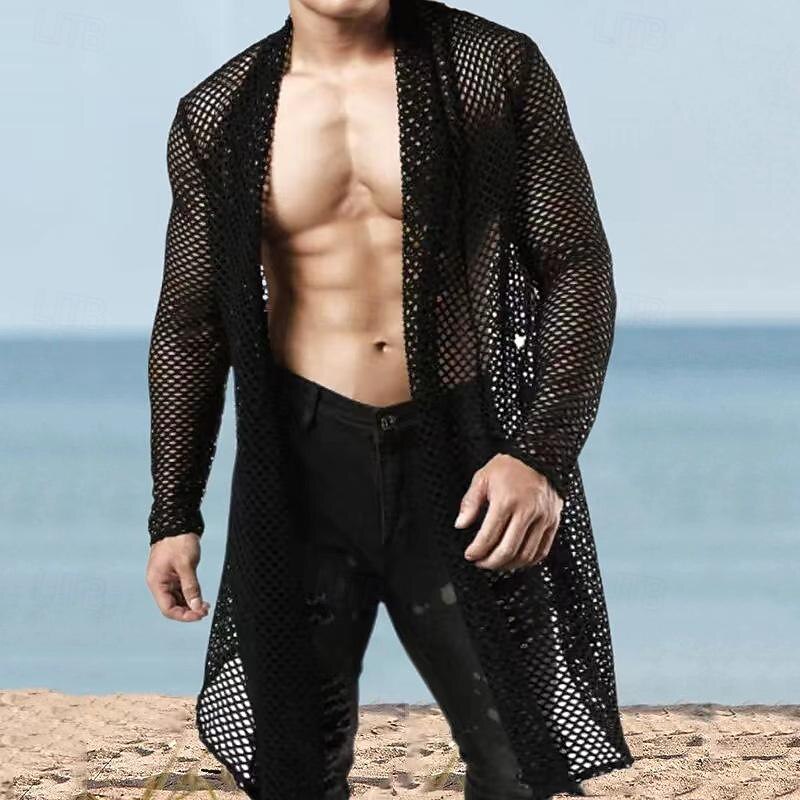 Men's Shirt Summer Shirt Mesh Shirt Sheer Shirt Sheer Blouse Black Long Sleeve Plain Collar Hawaiian Holiday Mesh Clothing Apparel Fashion Casual Comfortable3