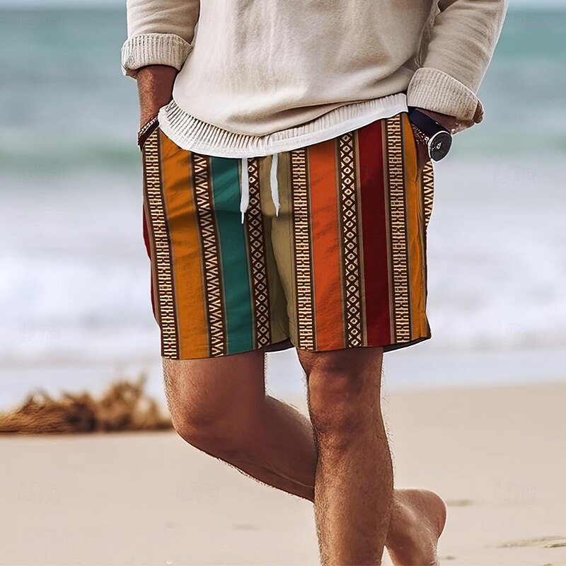 Men's Stripe Grid / Plaid Geometric Pattern Swim Shorts Board Shorts Swimming Trunks Mid Waist Hawaiian Casual Holiday Beach Drawstring with Mesh lining Elastic Waist Designer Clothing Apparel