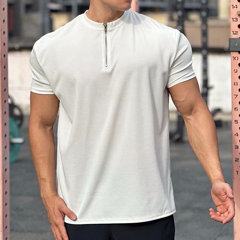 Men's Running T-Shirt Quarter Zip Short Sleeve Tee Tshirt Casual Athleisure Solid Colored Soft Breathable Gym Workout Walking Jogging Sportswear Activewear Dark Grey Black White