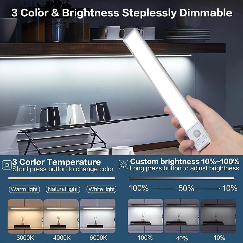 2PCS Under Cabinet Lighting, LED Motion Sensor Cabinet Light, USB Rechargeable Under Cabinet Lights, Wireless, Magnetic, for Kitchen, Closet & Stairs, Adjustable Color & Brightness4