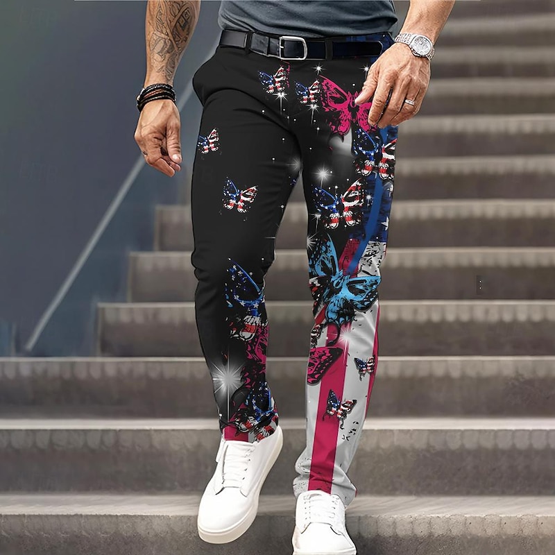 Men's Casual American Flag Dress Pants 3D Print Pocket 3D Print Mid Waist Party Evening Dailywear Vacation Summer Spring Fall Blue Slim Fit Inelastic