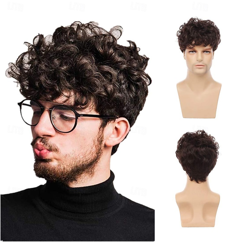 Men Curly Brown Wig Short Layered Fluffy Synthetic Hair Halloween Party Cosplay Costume Full Wigs