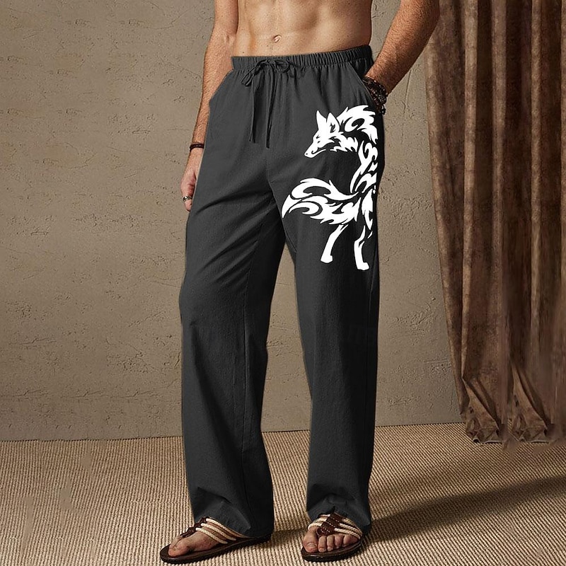 Men's Summer Pants Elastic Waist Animal Wolf Comfort Full Length Outdoor Streetwear Vacation Hawaiian Black White Micro-elastic4