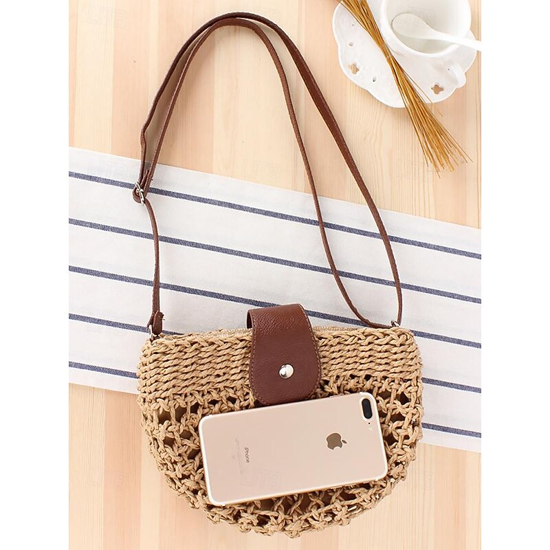 Handwoven Straw Crossbody Bag with Leather Closure - Casual Summer Beach Accessory for Women4