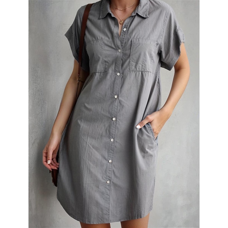 Women's Shirt Dress Mini Dress Vacation Basic Modern Shirt Collar Pocket Short Sleeve Summer Spring Regular Fit Plain3