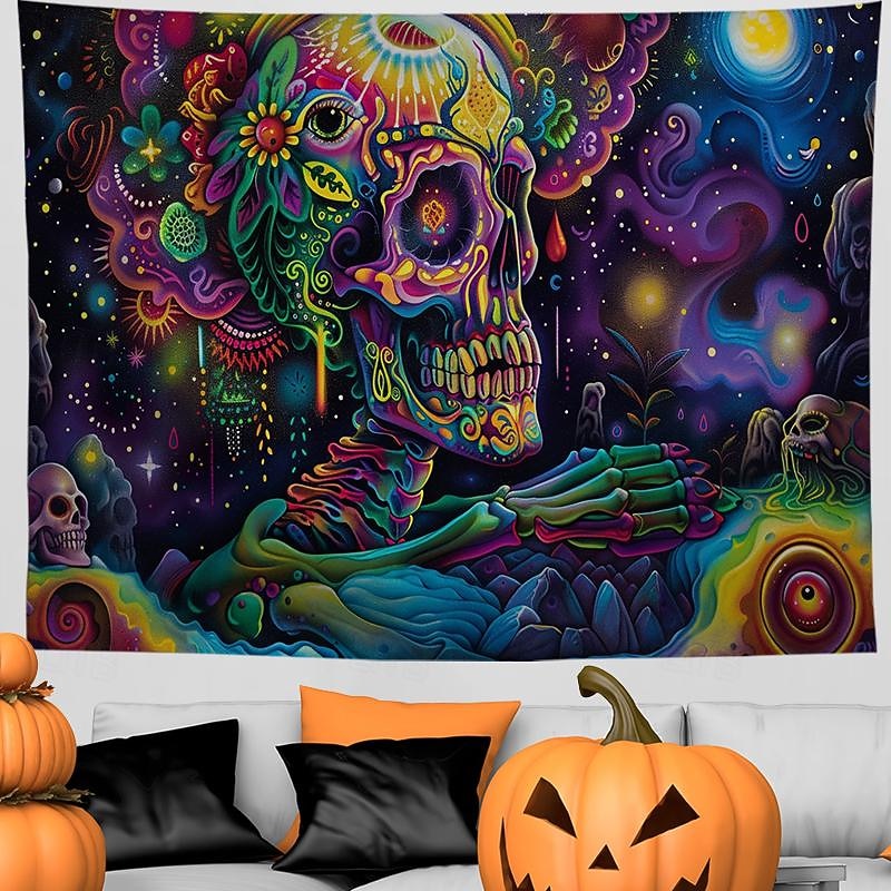 Halloween Decorations Blacklight Tapestry UV Reactive Glow in the Dark Glow Party Neon Mexico Skull Psychedelic Trippy Misty Hanging Tapestry Wall Art Mural for Living2