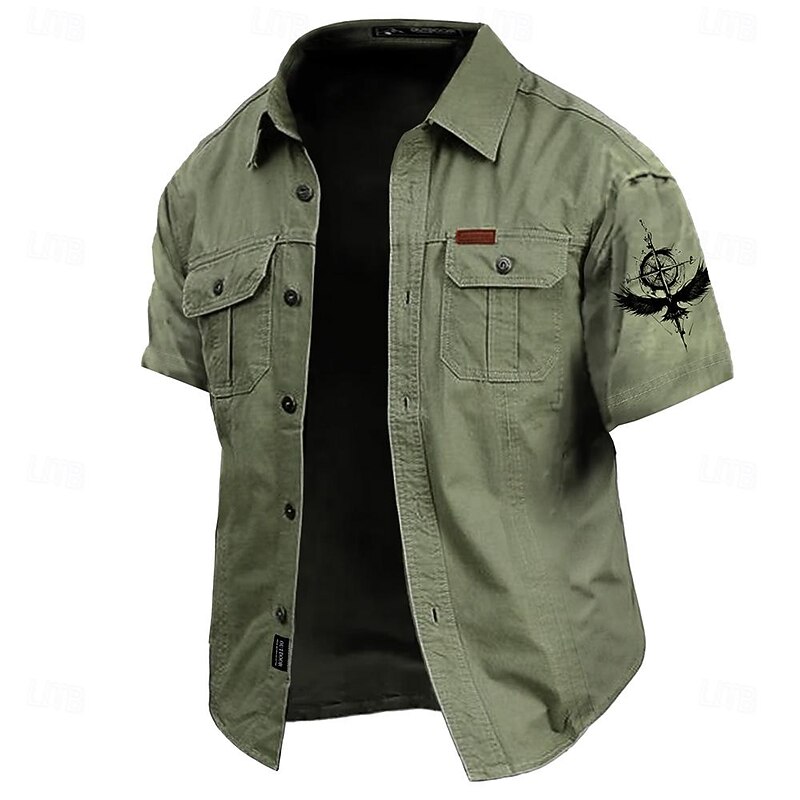 Men's Nautical Eagle Compass Work Shirt Western Shirt Cargo Shirt Short Sleeve Casual Tactical Sports & Outdoor Going out Summer Spring Turndown Print Army Green Khaki Dark Blue