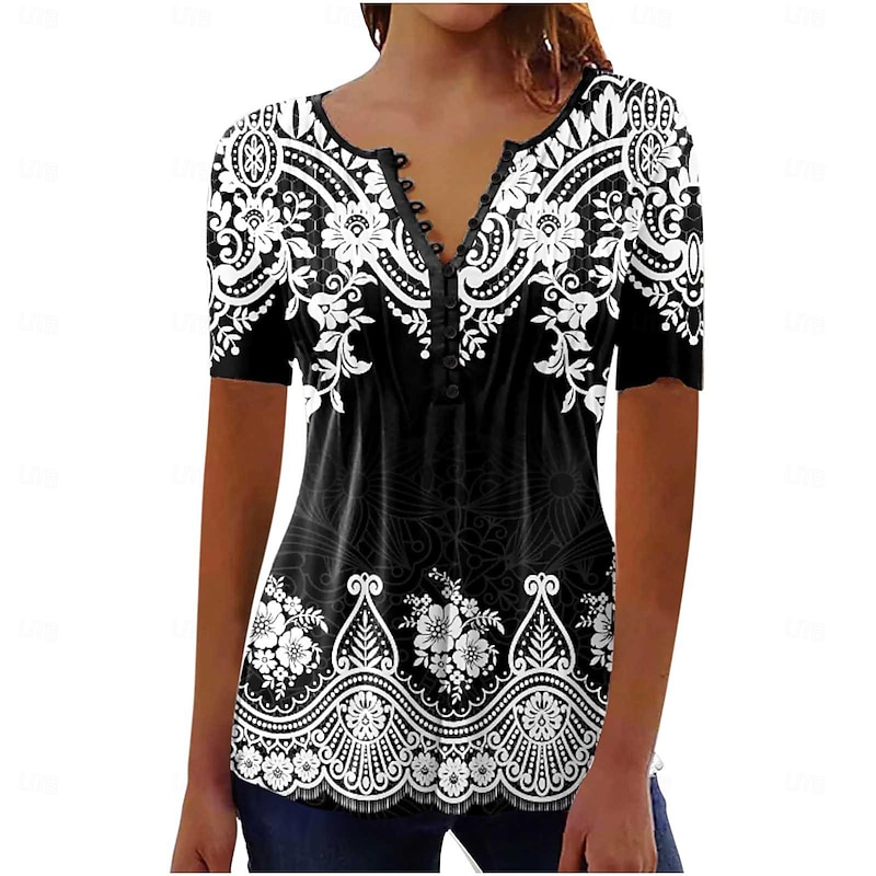 Women's Shirt Blouse Casual Floral Buttons Print Short Sleeve Regular Tops Crew Neck Vacation Daily Black White Pink Blue Summer3
