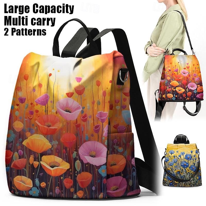 Women's Backpack School Bag Bookbag School Outdoor Daily Floral Print Flower Polyester Large Capacity Waterproof Multi Carry Zipper Print Yellow Red