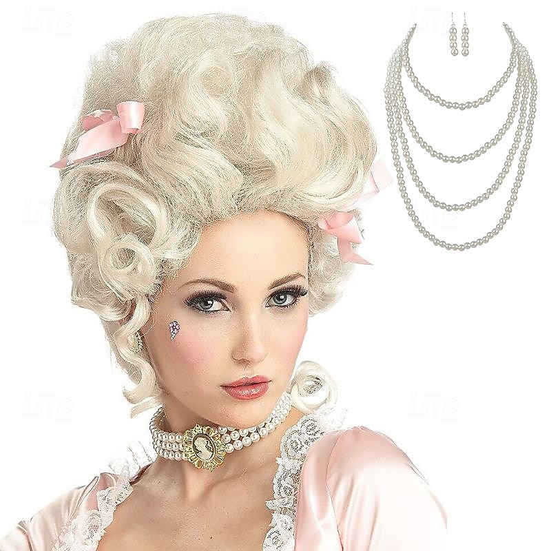Blonde Wigs for Women Cosplay Wig Curly Marie Antoinette Layered Haircut Wig Medium Length Platinum Blonde Synthetic Hair 14 Inch Women Halloween Wig With 2pcs Earrings Pearl Necklace Choker