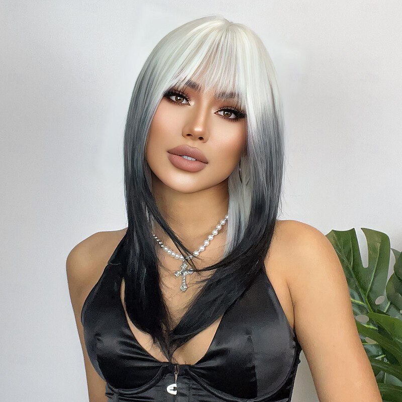 Synthetic Wig Uniforms Career Costumes Princess Straight kinky Straight Middle Part Layered Haircut Machine Made Wig 24 inch Black-white Synthetic Hair Women's Cosplay Party Fashion White4