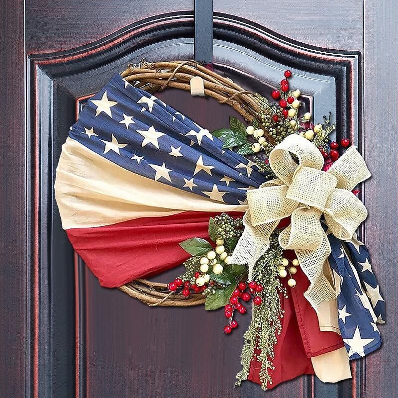 Patriotic Independence Day Wreath, Celebration USA Flag Printed Wreath, Red White Blue Garland Wreaths 4th of July Wall Decor Wreaths for Front Door Outdoor Welcome Sign Door Hangers