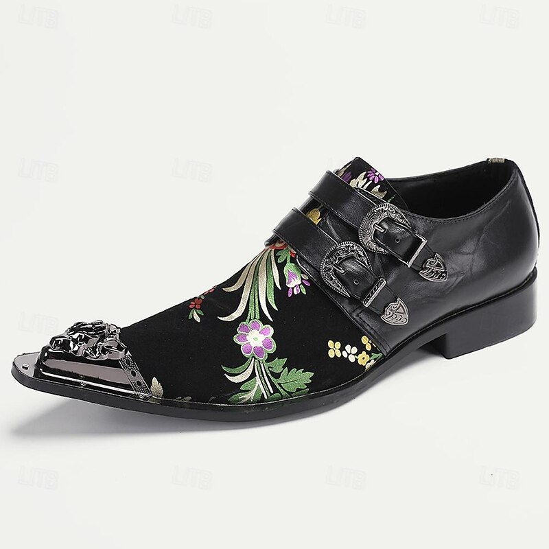 Men's Punk Style Floral Embroidered Buckle Monk Strap Dress Shoes with Metal Toe Cap - Premium Cowhide Leather, Ideal for Formal Events4