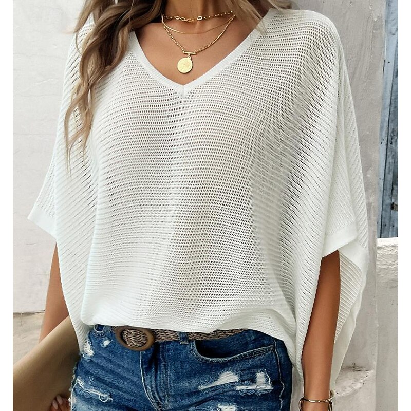 Women's Sweater Elegant Solid Color Crochet V Neck Knitted Half Sleeve Regular Tops Knit Daily Wine Red White Summer