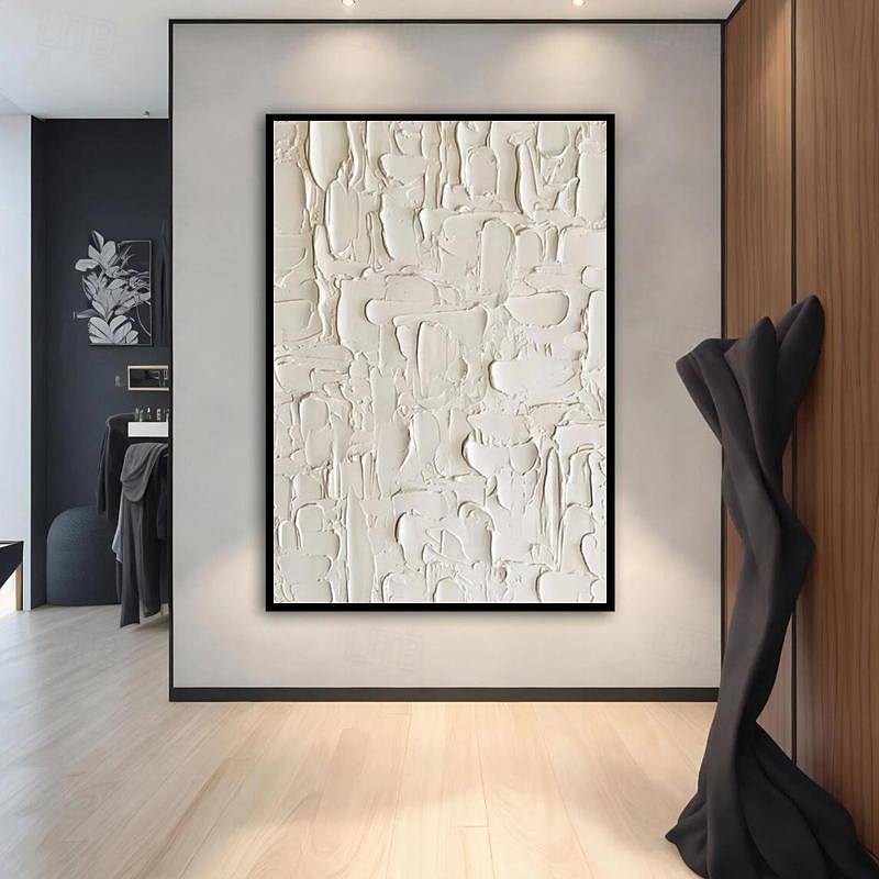 3D Framed Hand painted Textured Wall Art White Minimalist Painting on Canvas WabiSabi Trendy Home Decor Living Room Wall Art Modern Painting Readying to Hanging3