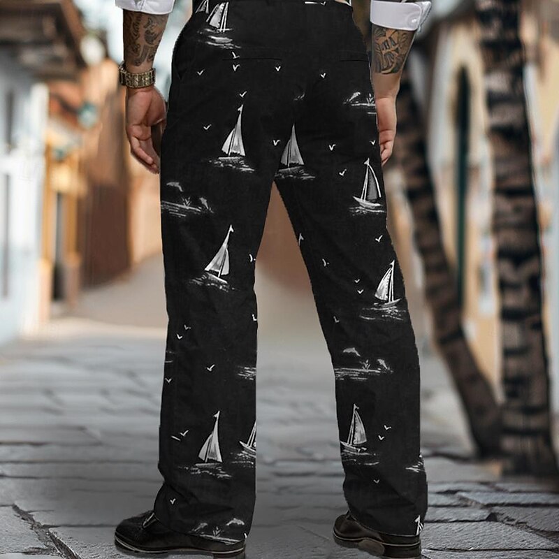 Men's Sailboat Dress Pants Mid Waist Business Casual Formal Wedding Dailywear Pocket Straight Leg Trousers Summer Spring Fall 3D Print Black White2