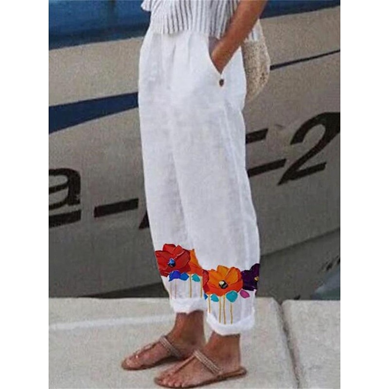 Women's Pants Trousers Straight Streetwear Casual Long High Waist Floral Pocket Printing Elastic Drawstring Design Breathability Soft Micro-elastic Vacation Street Daily Wear White Yellow Red Blue