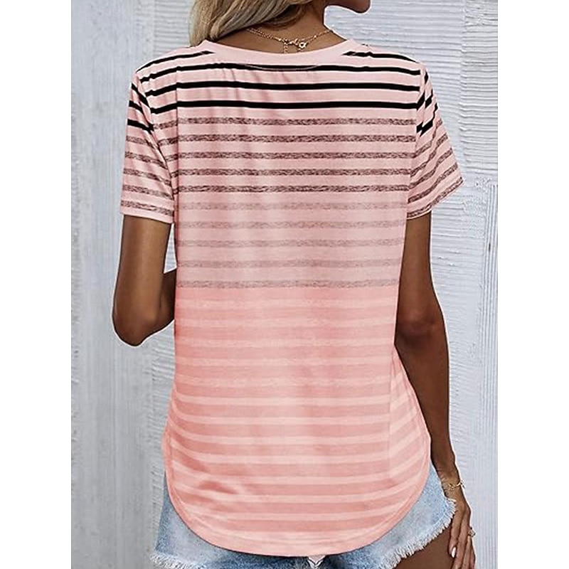 Women's T Shirt Casual Striped Print Short Sleeve Regular Tops Crew Neck Daily Pink Blue Purple Summer2