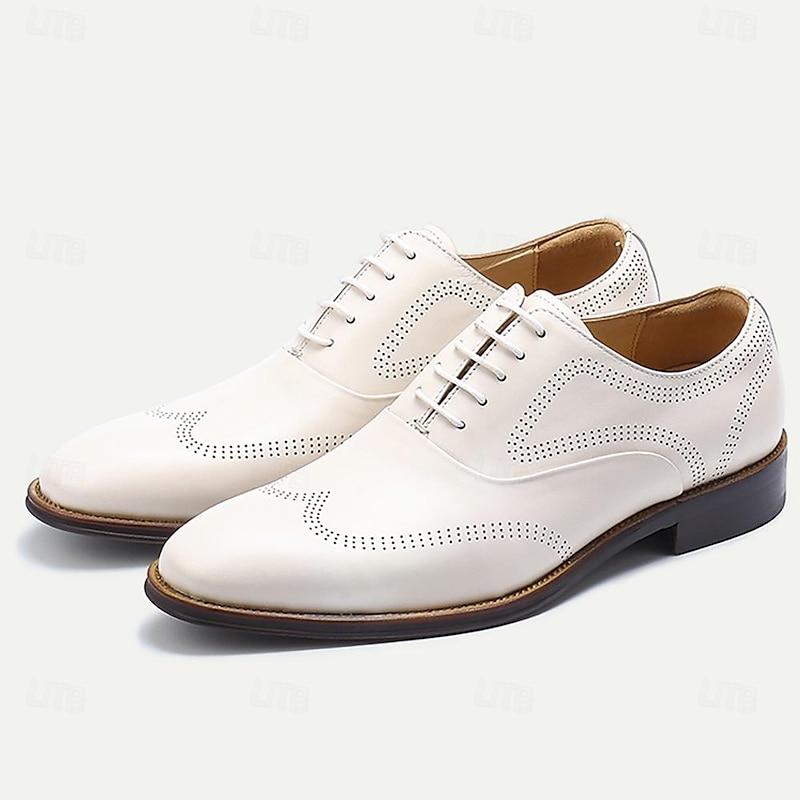Stylish Men's White Dress Derby Shoes with Brogue Detailing - Ideal for Formal and Business Wear2