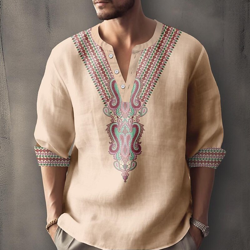 Men's Ethnic Shirt Button Up Shirt Henley Shirt Long Sleeve Casual Tribal Vacation Daily Summer Spring Fall Collarless V Neck Print Blue Khaki2