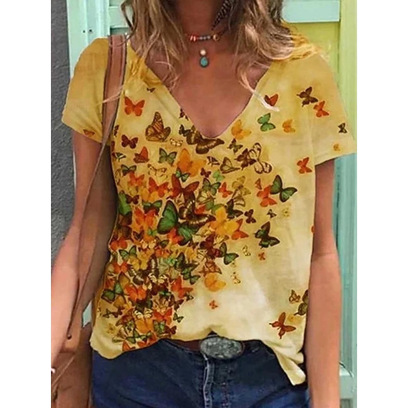Women's T Shirt Floral Butterfly Fashion Modern Short Sleeve V Neck Regular Tops Vacation Daily Yellow Pink Blue Khaki Summer3