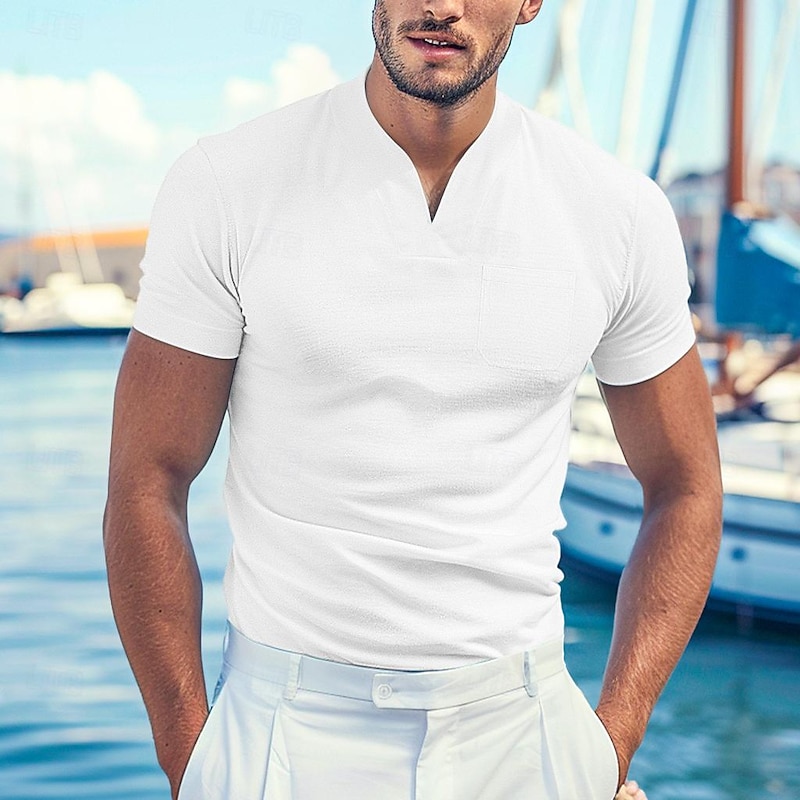 Men's T Shirt Tee Top Short Sleeve V Neck Summer Plain Fashion Designer Basic V Neck Front Pocket Vacation Going out Casual Daily Black White Blue Top Tee for Men4