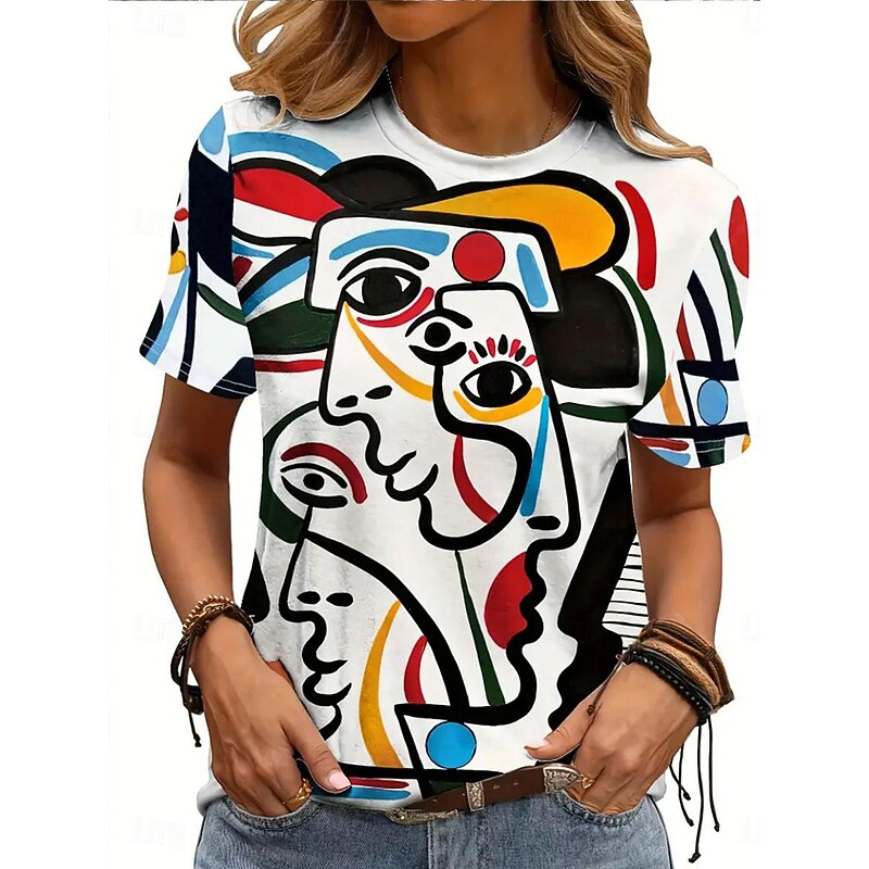 Women's T Shirt Stylish Casual Print Short Sleeve Regular Tops Crew Neck Daily White Pink Blue Summer3