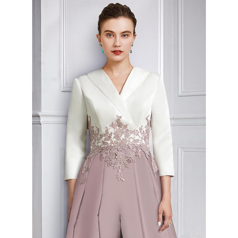 Jumpsuit Mother of the Bride  Formal Wedding Guest Elegant Party V Neck Ankle Length Crepe Lace 3/4 Length Sleeve with Appliques Color Block3