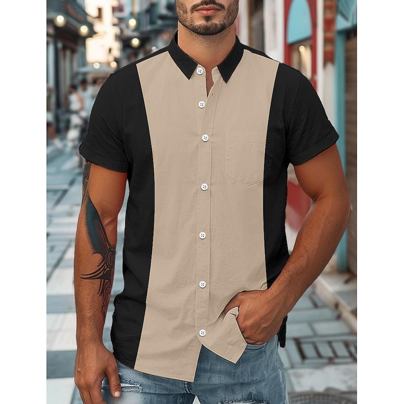 Men's Shirt Summer Shirt Button Up Shirt Casual Shirt Bowling Shirt Black Dark Navy Blue Short Sleeve Color Block Collar Daily Vacation Clothing Apparel Cotton Blend Fashion Casual Comfortable4