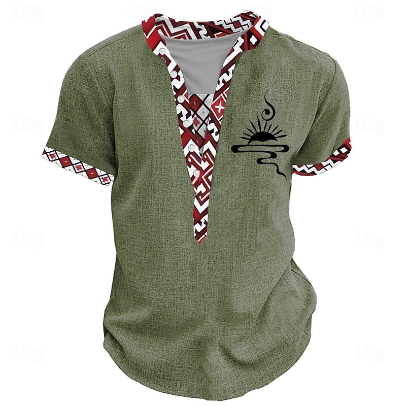Men's Tribal African Pattern T Shirt Henley Shirt Short Sleeve 3D Print Designer Ethnic Casual Daily Summer Yellow Green Khaki Henley Henley T-Shirt
