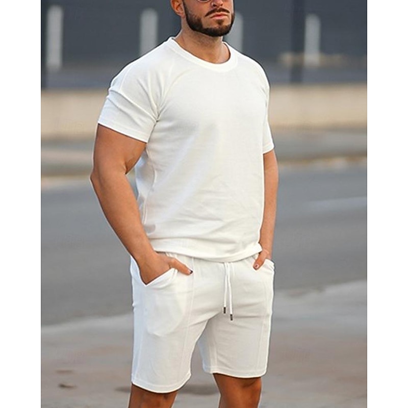Men's T-shirt Suits 2 Pieces Outfits Tee & Shorts Short Sleeve Crew Neck Summer Plain Fashion Casual 2 Piece Vacation Daily Wear Going out White Pink Green Top Tee for Men3