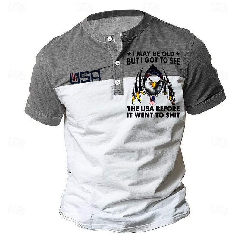 Men's Eagle Patriotism Funny Slang T shirt Henley Shirt Short Sleeve 3D Print Designer Casual Daily Summer Blue Dark Green Green Khaki Gray Henley Henley T-Shirt4
