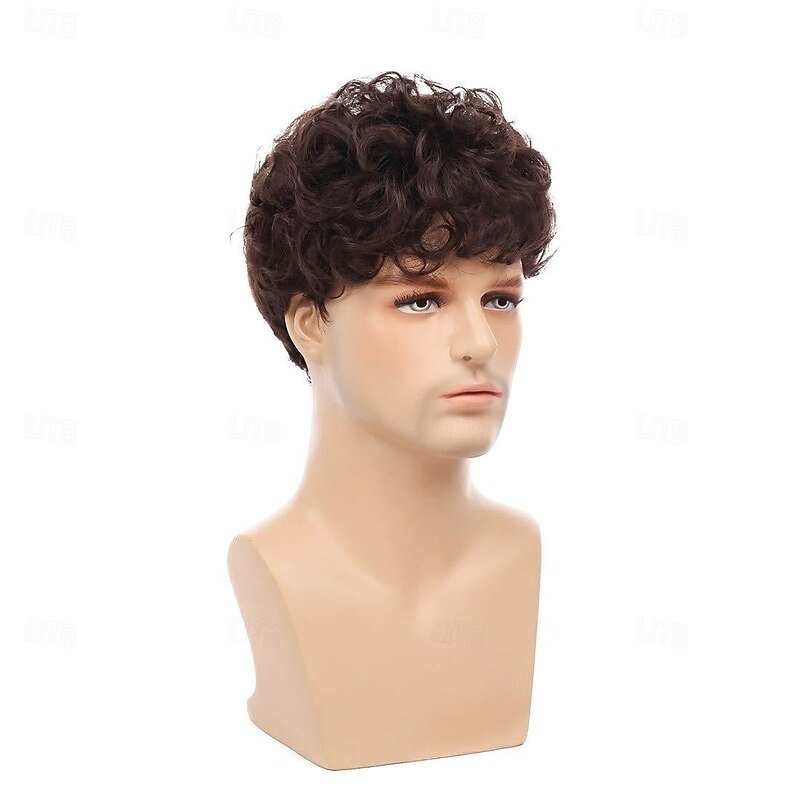 Men Curly Brown Wig Short Layered Fluffy Synthetic Hair Halloween Party Cosplay Costume Full Wigs4